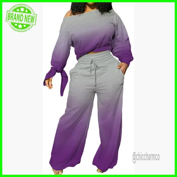 Tops - Long Sleeve Sweatsuit Set with Pockets, Palazzo Pants, Medium Size
